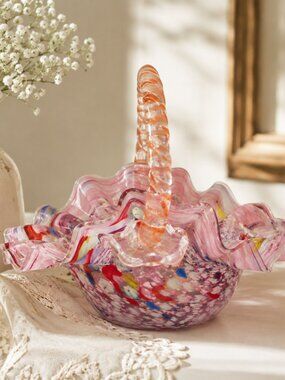 Hand Blown Pink Art Glass Ruffled Basket Twisted Handle Confetti Murano Style Va